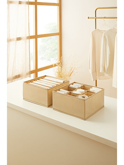 Ocean Home Textile 2'li Bölmeli Bej Balıksırtı Çekmece İçi Düzenleyici Kutu Set - S000271794-19928