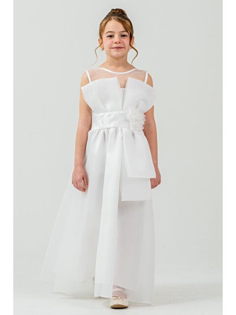 Mnk Baby & Kids Kız Çocuk Organze Tül Çiçek ve Fiyonk Detaylı Gipe Sırtlı Prenses Abiye Elbise M00800 - S000509447-20063