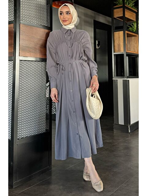 Julude Roba Büzgülü Boydan Düğmeli Tesettür Elbise - S000386628-20600