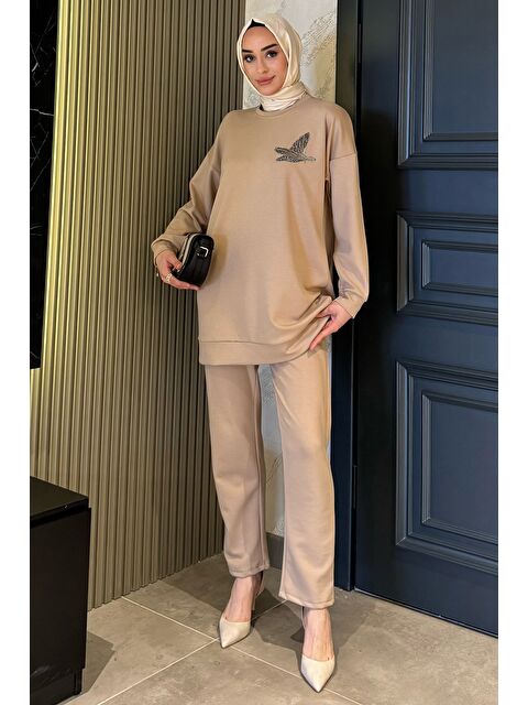 Julude Büyük Beden Bisiklet Yaka Taş Detaylı Tesettür Tunik Pantolon İkili Takım - S000386631-19928