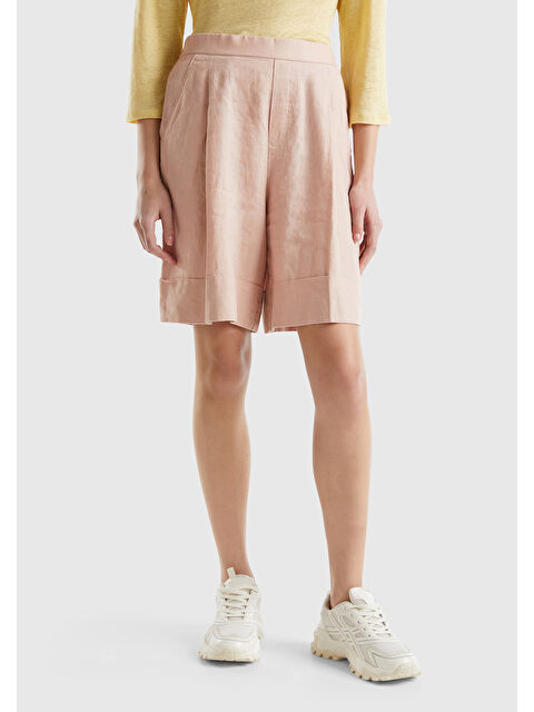 United Colors Of Benetton Kadın Pudra %100 Keten Beli Lastikli  Bermuda Şort - S000307753-7152