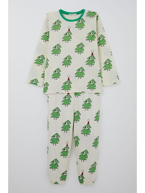 Breeze Erkek Çocuk Pijama Takımı Yılbaşı Temalı Gülümseyen Zıp Zıp Çamlar Krem (4-6 Yaş) - S000490559-19966