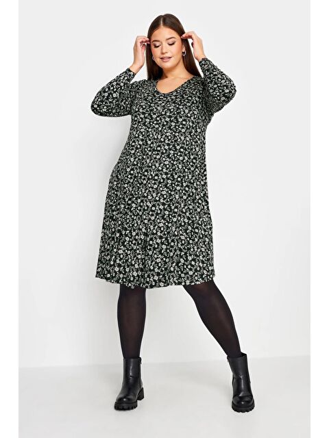 Stil Diva Büyük Beden V Yaka Çiçek Desenli Uzun Kollu Kısa Elbise 302734 - S000136801-19351