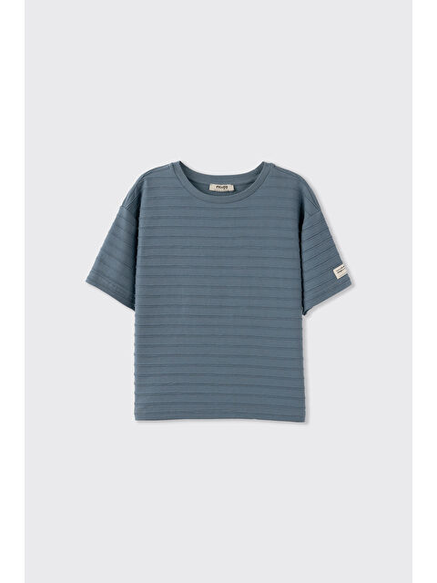 Panço Erkek Çocuk Yakası Rıbanalı Kısa Kollu İndigo Tişört - S000520859-23093