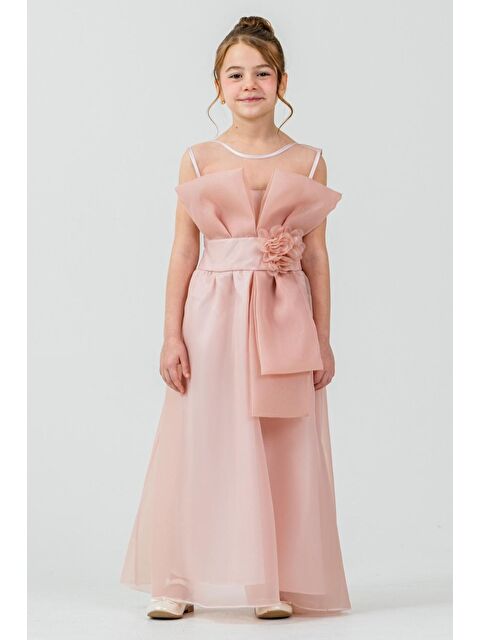 Mnk Baby & Kids Kız Çocuk Organze Tül Çiçek ve Fiyonk Detaylı Gipe Sırtlı Prenses Abiye Elbise M00800 - S000509447-7152