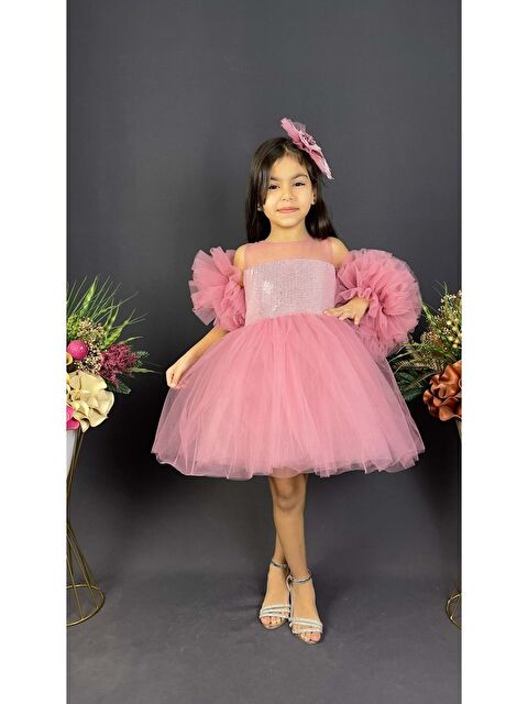 Mnk Baby & Kids Şifon Robalı Ponpon Kol Pul Payetli Kız Çocuk Kabarık Etek Tütülü Abiye - S000384744-20022