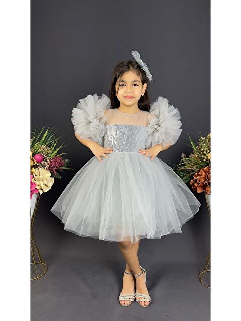 Mnk Baby & Kids Şifon Robalı Ponpon Kol Pul Payetli Kız Çocuk Kabarık Etek Tütülü Abiye - S000384744-20600