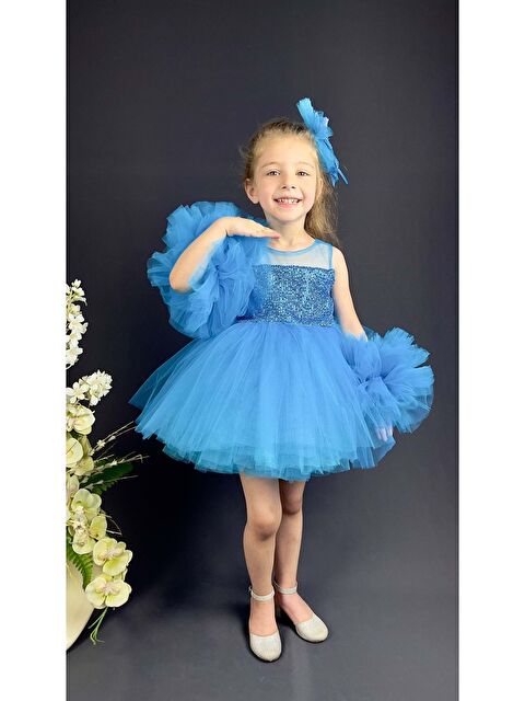 Mnk Baby & Kids Şifon Robalı Ponpon Kol Pul Payetli Kız Çocuk Kabarık Etek Tütülü Abiye - S000384744-17234