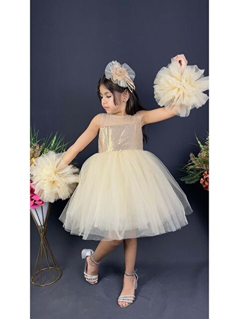 Mnk Baby & Kids Şifon Robalı Ponpon Kol Pul Payetli Kız Çocuk Kabarık Etek Tütülü Abiye - S000384744-19965