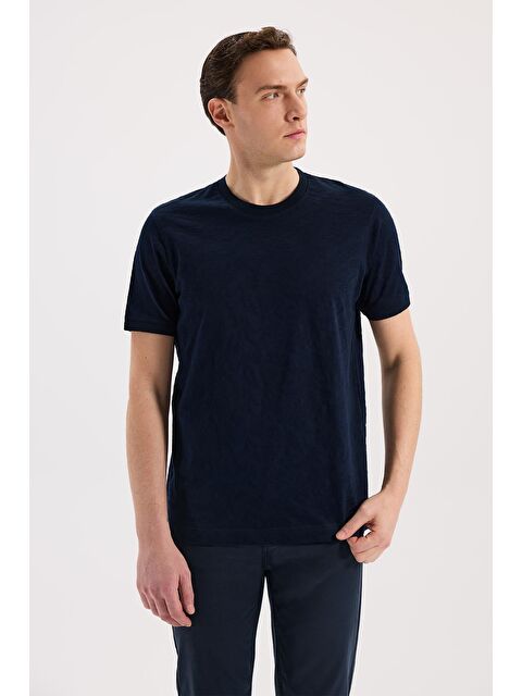 JAKAMEN Lacivert Slim Fit Bisiklet Yaka Desenli %100 Pamuk T-Shirt