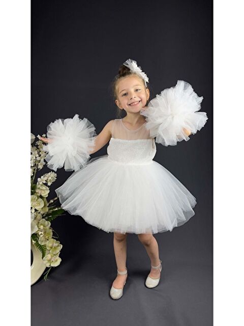 Mnk Baby & Kids Şifon Robalı Ponpon Kol Pul Payetli Kız Çocuk Kabarık Etek Tütülü Abiye - S000384744-20063