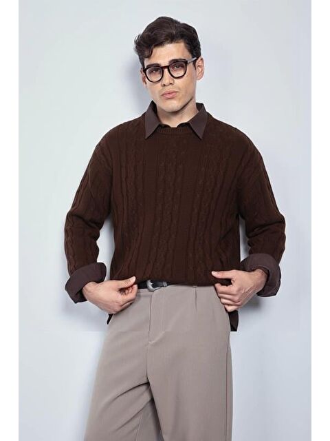 Abluka Online Erkek Oversize Örgü Desenli Triko Kazak Kahverengi - S000447547-19413