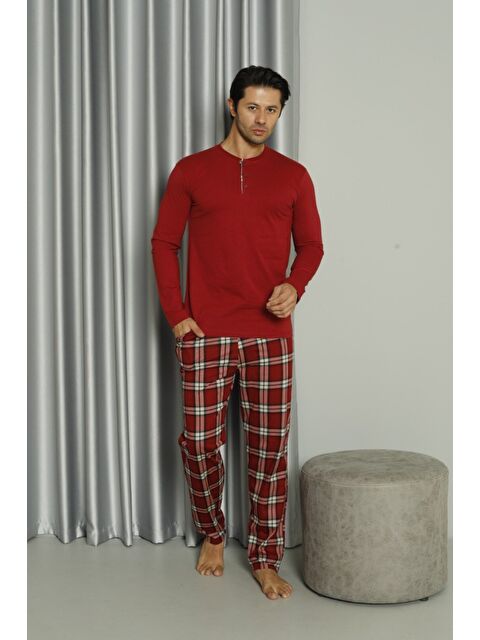 Formo Erkek %100 Doğal Pamuk Ekoseli Uzun Kollu Düğmeli Yüksek Kaliteli Pijama Takımı - S000531487-19951