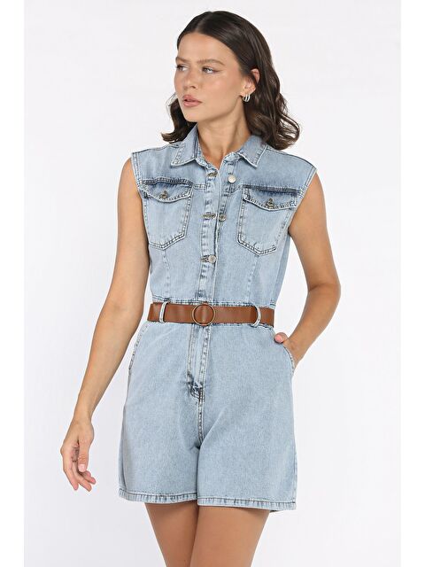 Gülseli Kadın Kemerli Sıfır Kol Jean Jean Tulum - S000412636-3642