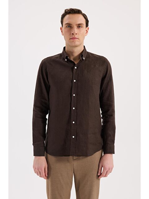 JAKAMEN Kahve Comfort Fit %100 Keten Düğmeli Yaka Gömlek