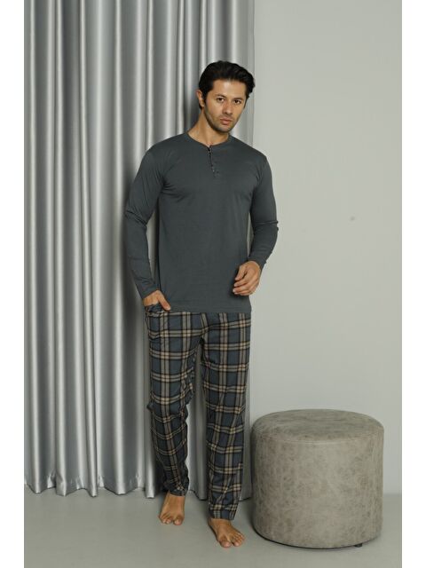Formo Erkek %100 Doğal Pamuk Ekoseli Uzun Kollu Düğmeli Yüksek Kaliteli Pijama Takımı - S000531487-33408