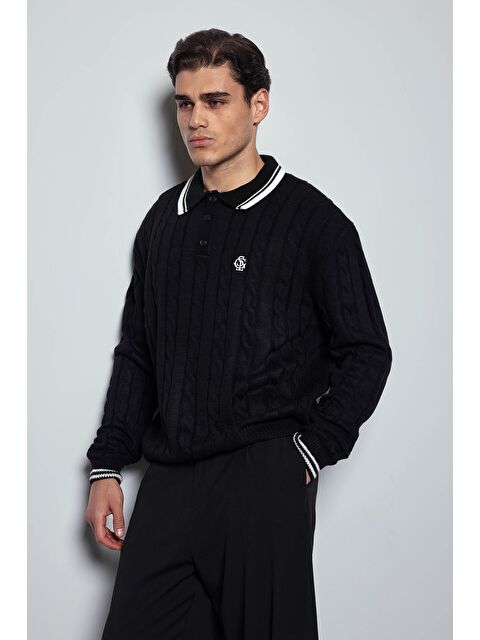 Abluka Online Erkek Oversize Polo Yaka Örgü Desenli Triko Kazak Siyah - S000487350-19351
