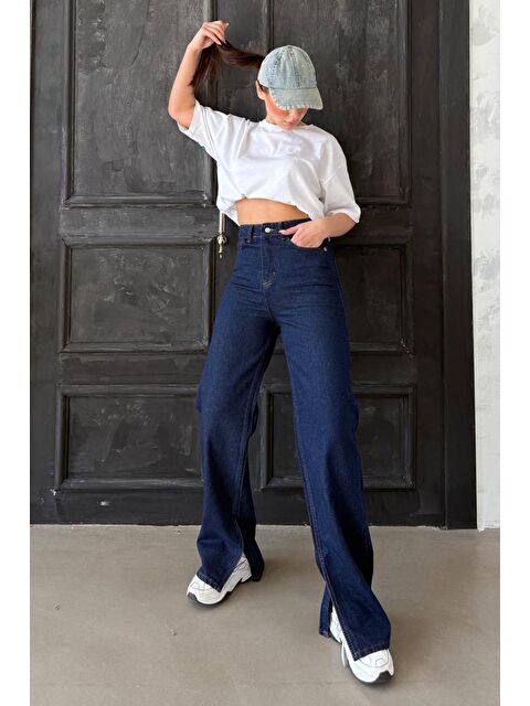 Madmext Koyu Mavi Yüksek Bel Paçası Yırtmaçlı Kadın Jean Mg1384 - S000029447-19393