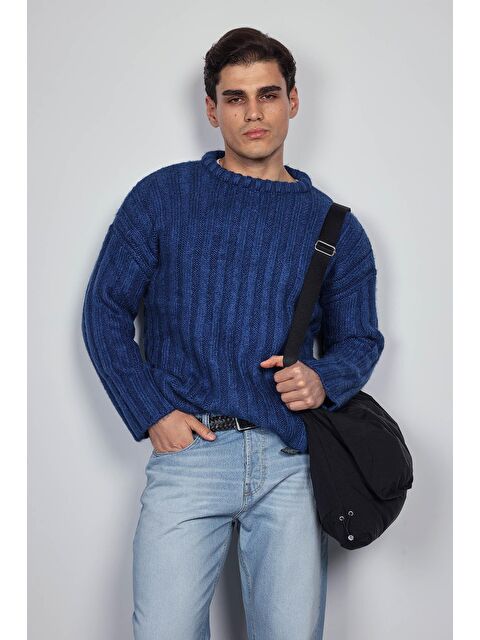 Abluka Online Erkek Oversize Kalın Fitilli Triko Kazak Indigo - S000487346-23093