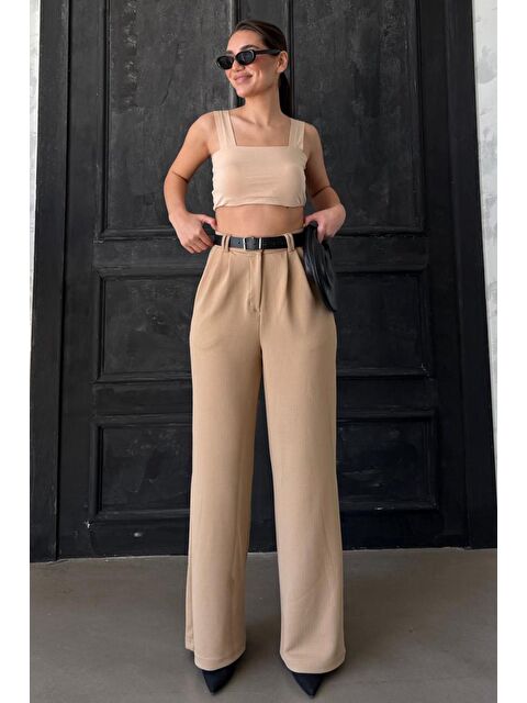 Madmext Bej Çift Pileli Kemerli Pantolon Mg2330 - S000346039-19928
