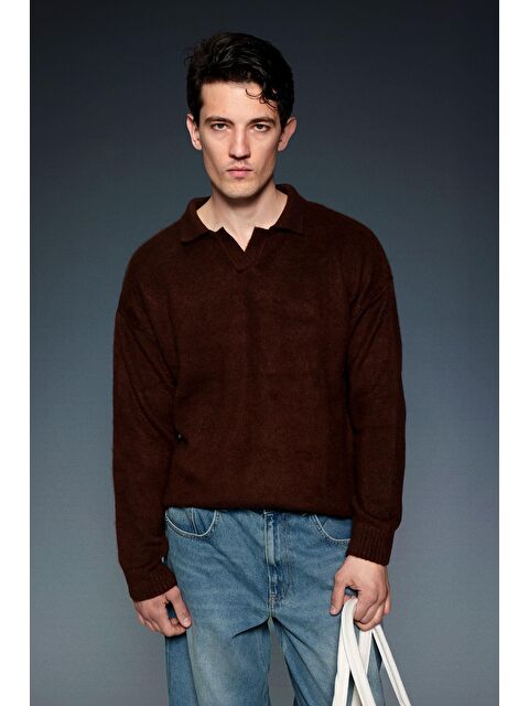 Abluka Online Erkek Polo Yaka Yumuşak Dokulu Oversize Kazak Kahve - S000314966-19413