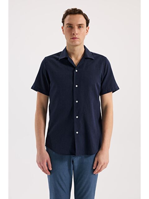 JAKAMEN Lacivert  Comfort Fit Klasik Yaka Kısa Kol Gömlek
