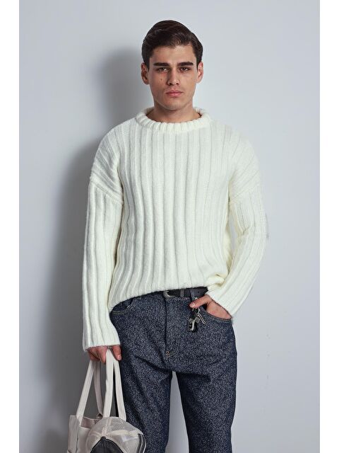 Abluka Online Erkek Oversize Kalın Fitilli Triko Kazak Ekru - S000487346-19965