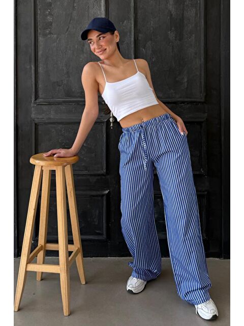 Madmext Lacivert Beli Ayarlanabilir Çizgili Cepli Bol Paça Kadın Pantolon Mg2312 - S000348627-21164