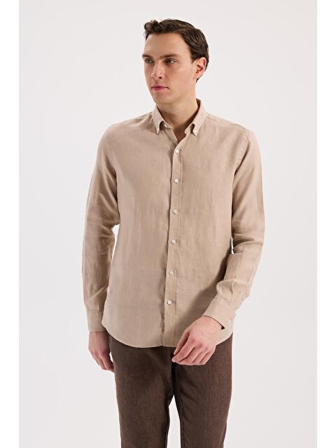 JAKAMEN Krem Comfort Fit %100 Keten Klasik Yaka Gömlek