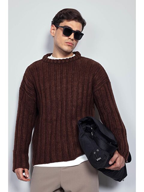 Abluka Online Erkek Oversize Kalın Fitilli Triko Kazak Kahve - S000487346-19413
