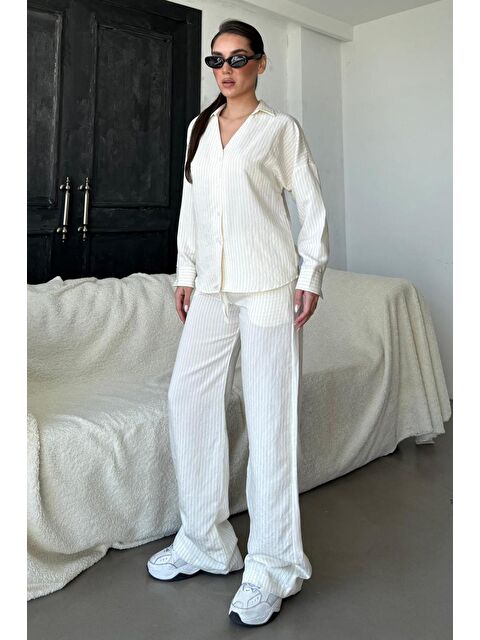 Madmext Ekru Uzun Kollu Çizgili Gömlek Pantolon İkili Takım Mg2329 - S000361767-19965