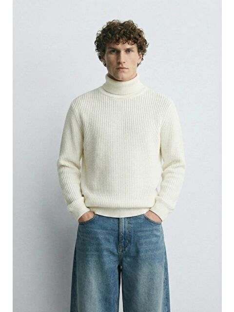 Abluka Online Erkek Oversize Balıkçı Yaka Boğazlı Kazak Ekru - S000487351-19965