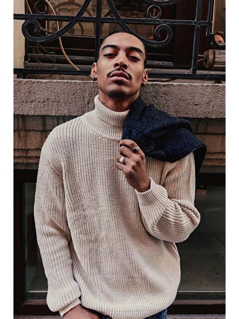 Abluka Online Erkek Oversize Balıkçı Yaka Boğazlı Kazak Bej - S000487351-19928