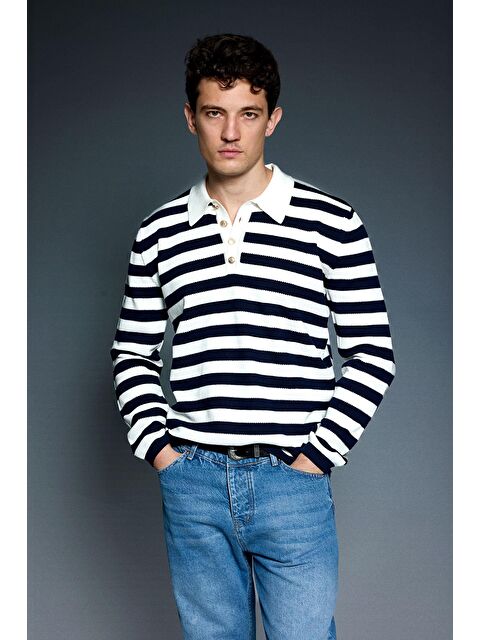 Abluka Online Erkek Slim Fit Polo Yaka Düğmeli Çizgili Kazak Lacivert - S000487352-21164