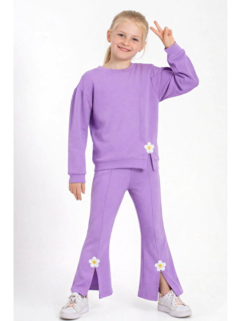 Zepkids Bisiklet Yaka Uzun Kol Yırtmaçta Papatya Detaylı Uzun Kollu Lila Renk Kız Çocuk Eşofman Takımı - S000355644-17878