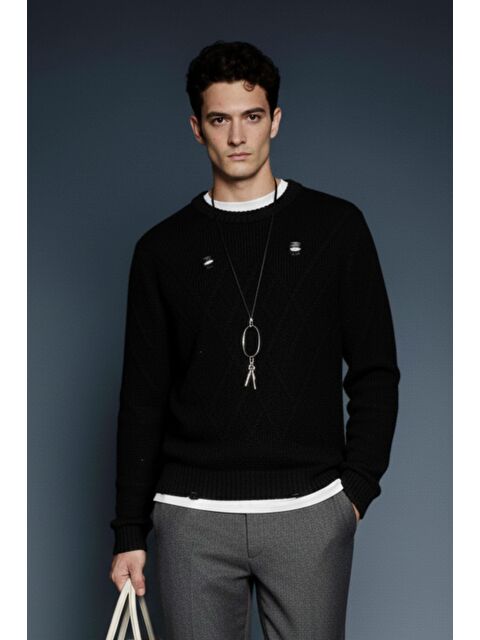 Abluka Online Erkek Oversize Desenli Triko Kazak Siyah - S000487348-19351