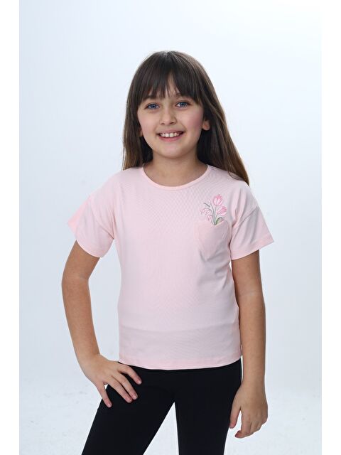 Toontoykids Kız Çocuk Baskılı  Bisiklet Yaka Düşük Omuz  Kısa Kollu Tişört & Cep Detaylı 25007