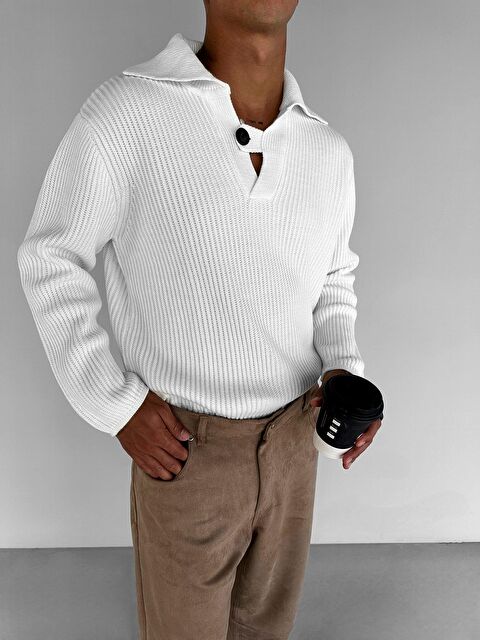 Abluka Online Erkek Oversize Düğmeli Çizgili Kazak Ekru - S000295122-19965