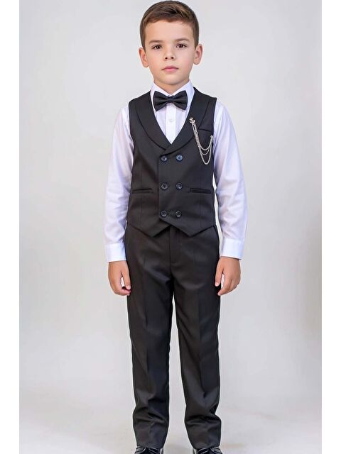 Riccotarz Erkek Çocuk Şal Yaka ve Cep Detaylı Cepken Gabardin Gömlek Papyonlu Siyah Takım Elbise - S000506113-19351