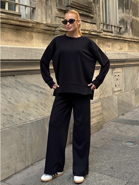 carla10 Modal Kumaş Siyah Oversize Sweat İkili Takım