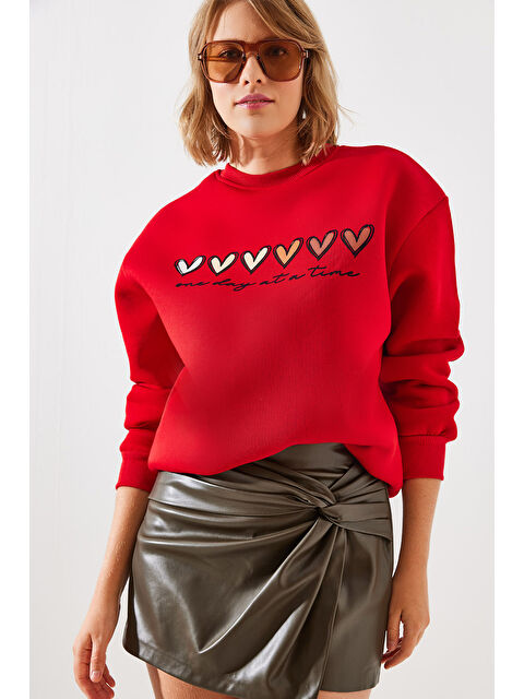 SHADE Kadın Üç İplik Şardonlu Renkli Kalp Baskılı Sweatshirt MBHS - S000271806-20045