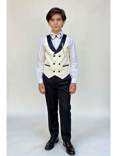 Riccotarz Erkek Çocuk Şerit Yaka ve Cep Detaylı Beyaz Cepken Gabardin Gömlek Papyonlu Takım Elbise - S000506114-20063