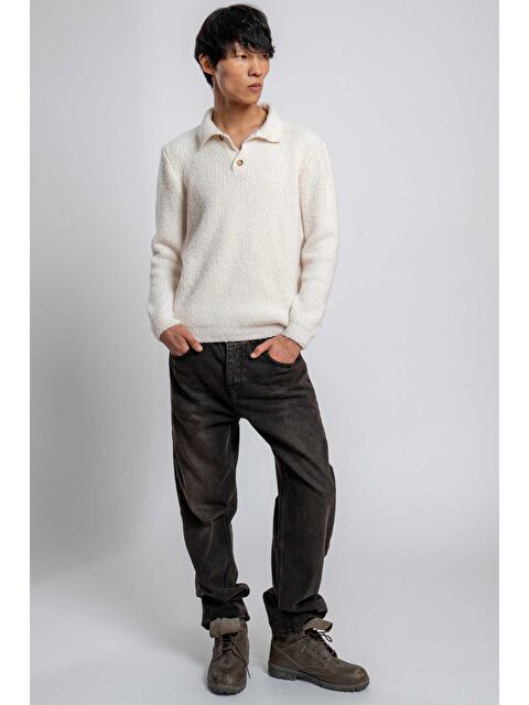 Abluka Online Erkek Relax Fit Düğmeli Dokulu Kazak Bej - S000487355-19928