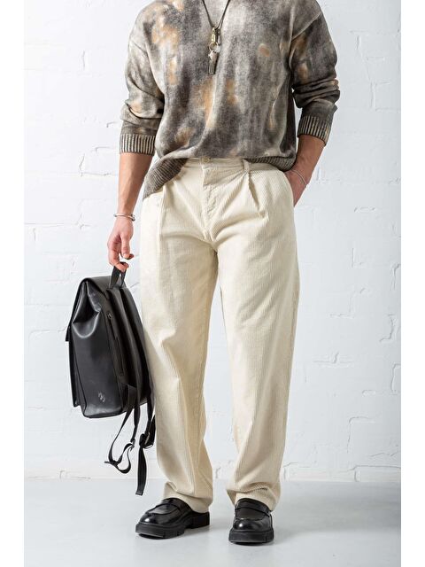 Abluka Online Erkek Baggy Fit Kadife Pantolon Krem - S000283188-19966