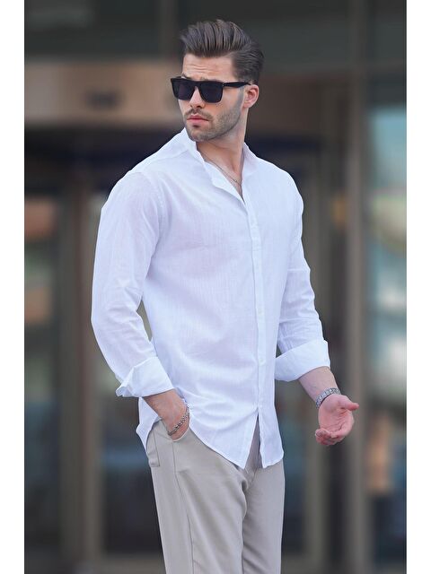 Madmext Beyaz Hakim Yaka Keten Görünümlü Pamuklu Uzun Kollu Erkek %100 Pamuk Gömlek 6745 - S000228022-20063