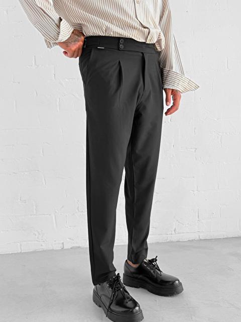 Abluka Online Erkek Ayarlanabilir Tokalı Pileli Kumaş Pantolon Siyah - S000418075-19351