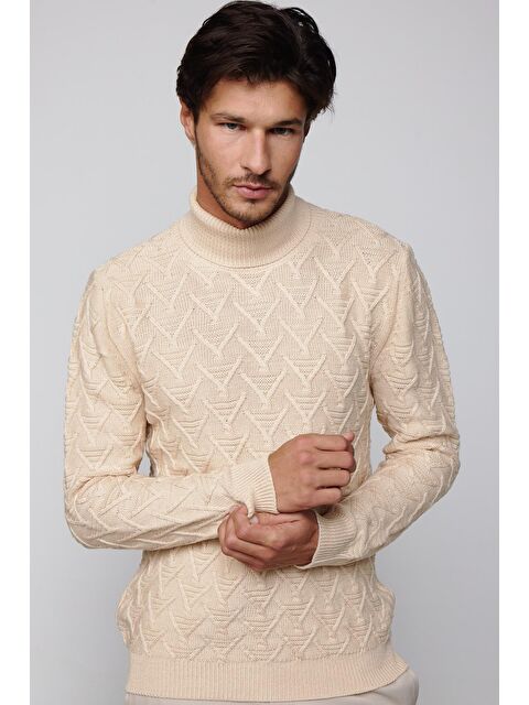 TUDORS Slim Fit Dar Kesim Tam Balıkçı Yaka Desenli Bej Erkek Triko Kazak - S000314824-19928