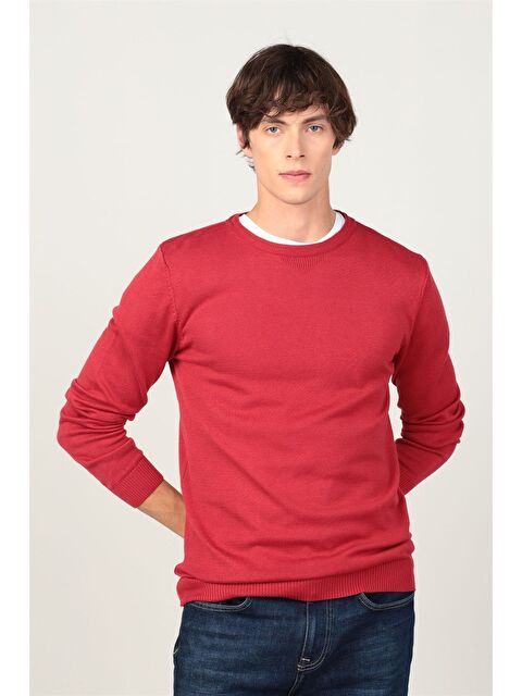 TUDORS Erkek Standart Fit Normal Kesim Bisiklet Yaka Kırmızı Triko Kazak