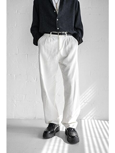 Abluka Online Erkek Beli Lastikli Desenli Baggy Pantolon Beyaz - S000487356-20063