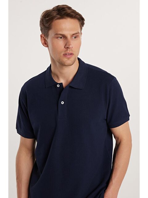 TUDORS Erkek Regular Fit Klasik Kesim %100 Pamuk Düz Pike Lacivert Polo Yaka Tişört